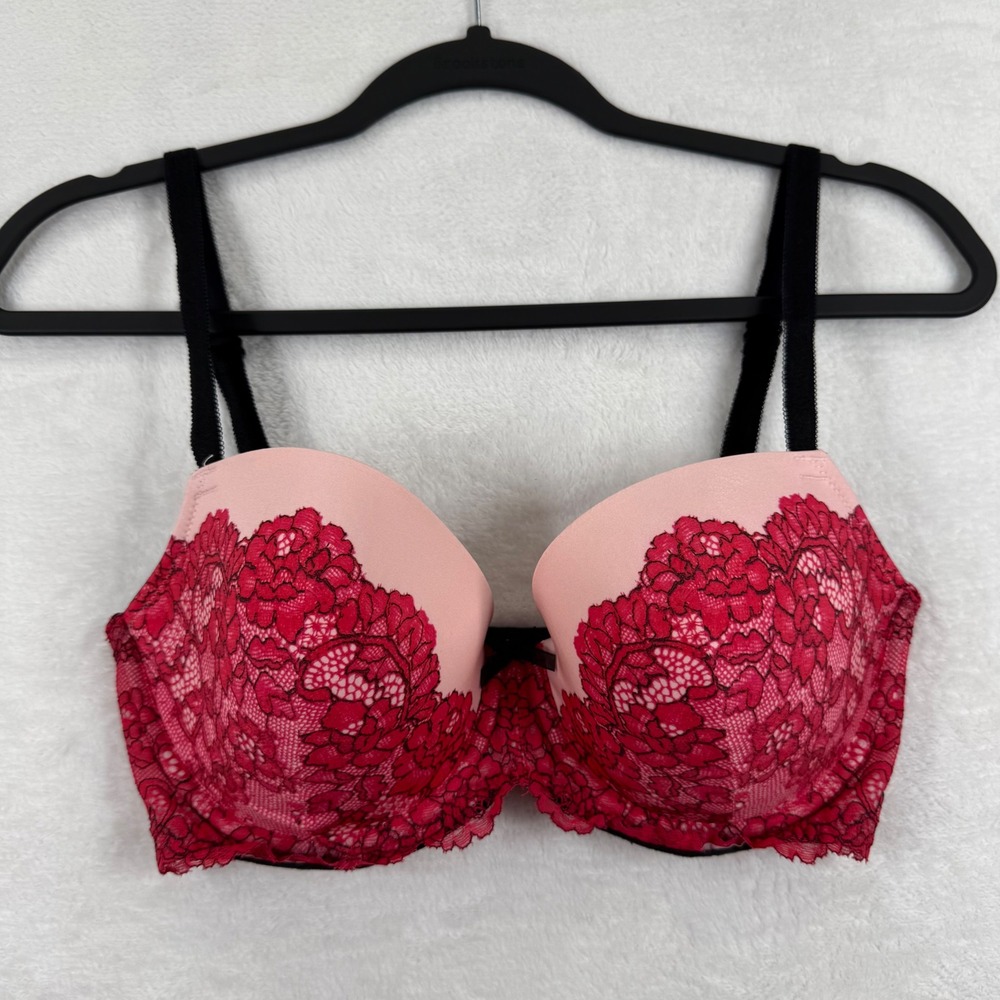 Victoria's Secret Dream Angels Lined Demi Bra Pink Red Floral Lace 32DDD 331870
